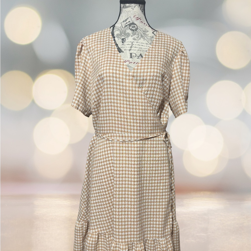 LOFT Tan Checkered Midi Dress